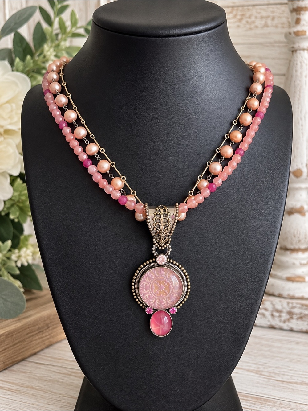 Mars & Valentine Rare Vintage Silver Pink Multi Strand Gemstone Necklace